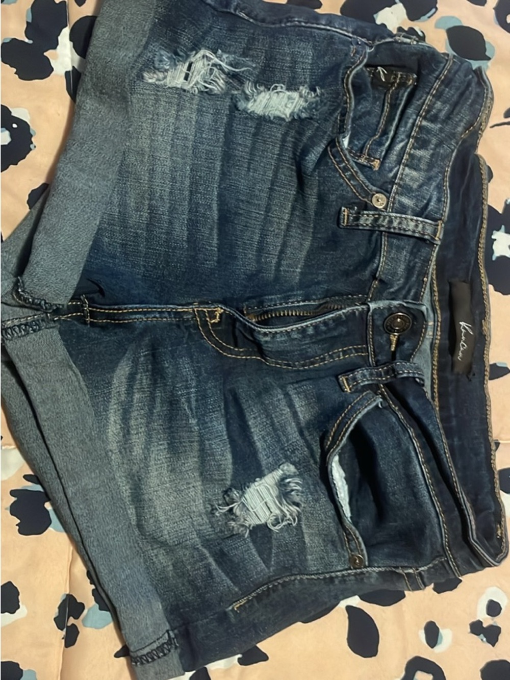 KanCan Distressed Dark Blue Rolled-Hem Jean Shorts